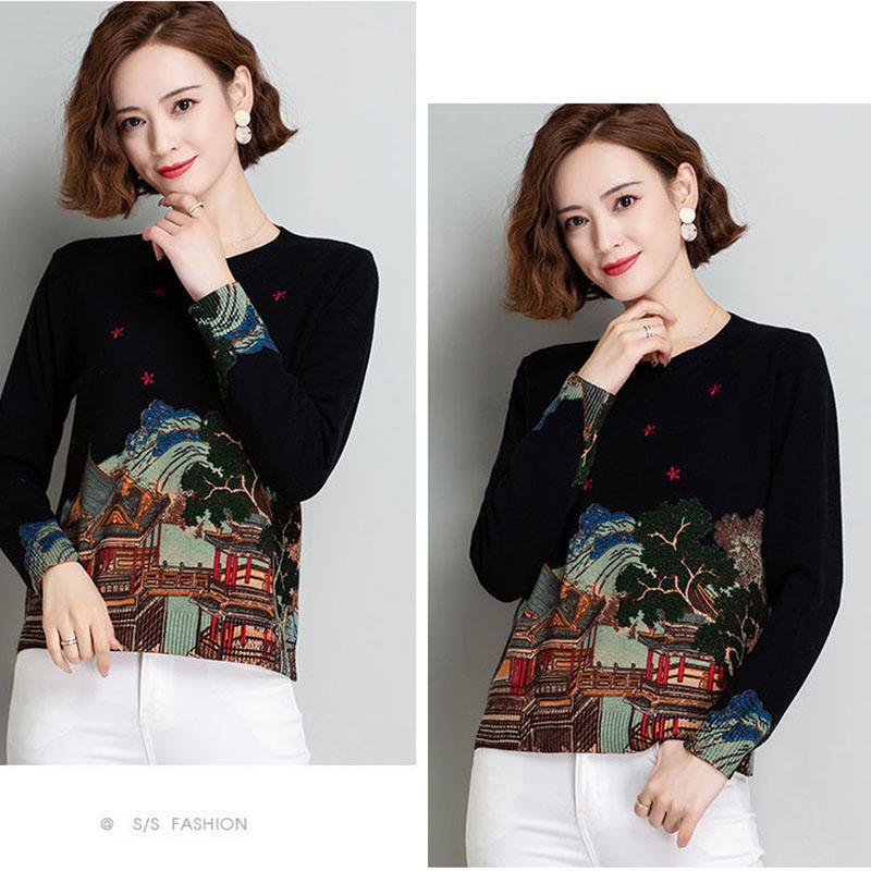 Ethnic Style Women's Woolen Sweater Autumn  Winter Printed Sweater Loose plus Size Knitted Jumper