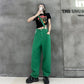 Personality Hip Hop Spring Qiu Pants High Waist Wide Leg Pants Straight Green Jeans Women's Shoulder Green Strap Trousers Female