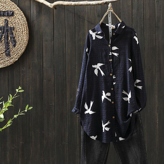 Cotton Vintage Dove Print Mid Length Plus Size Loose Shirt Casual Plus Size Long Top