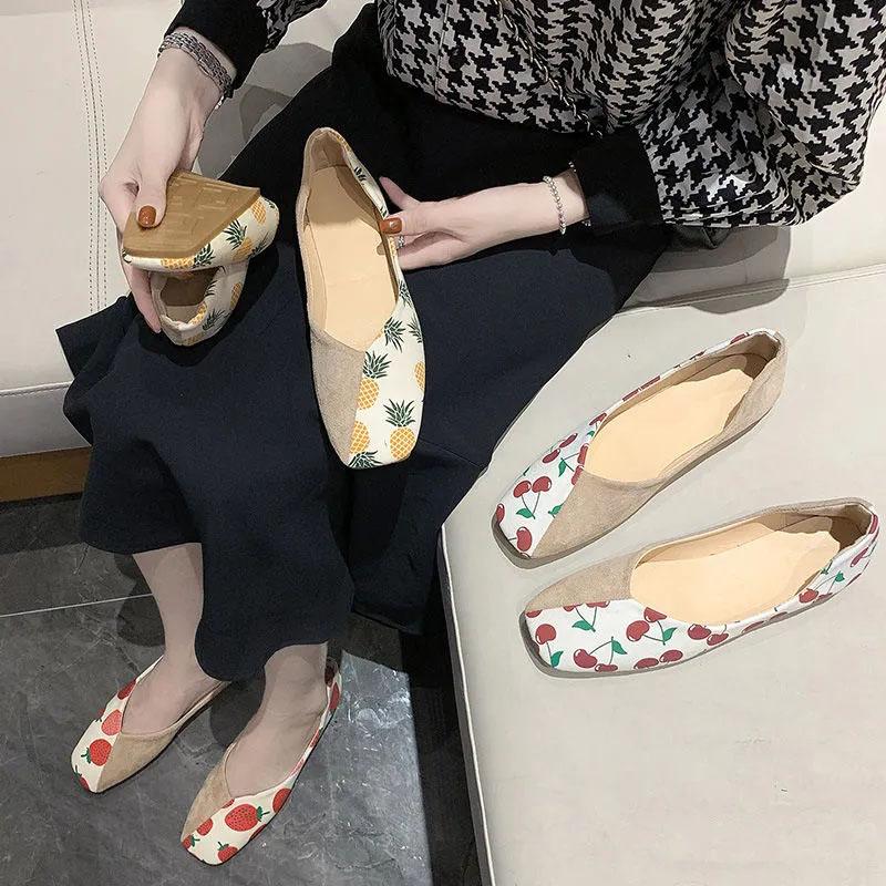 Soft Bottom Peas Shoes Women Spring Summer Sweet Pineapple Cherry Strawberry Flat Bottom Shallow Mouth Single Shoes Slip-on Shoes Casual Flat Shoes