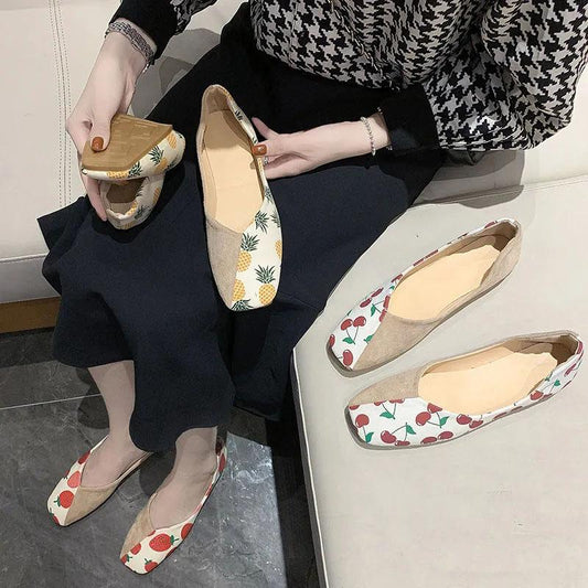 Soft Bottom Peas Shoes Women Spring Summer Sweet Pineapple Cherry Strawberry Flat Bottom Shallow Mouth Single Shoes Slip-on Shoes Casual Flat Shoes