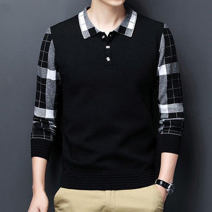 Spring and Autumn Men's Wool Sweater Shirt Plaid Collar Lapel Warm Polo Shirt Slim Top Bottom Shirt