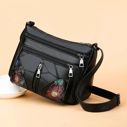 Women Multi-Layer Crossbody Bags Portable Large Capacity Classic Soft Surface Printing Black PU Leather