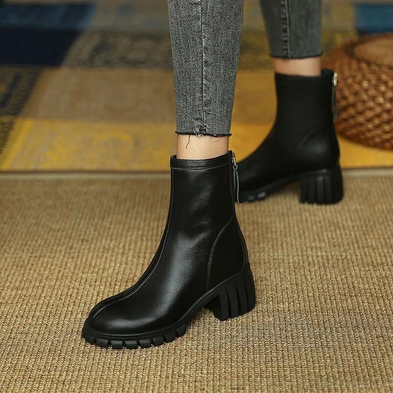 Martin Boots Woman Round Head Retro Boots Black Middle Boots Back Zipper Chelsea Boots Single Boots Spring and Autumn