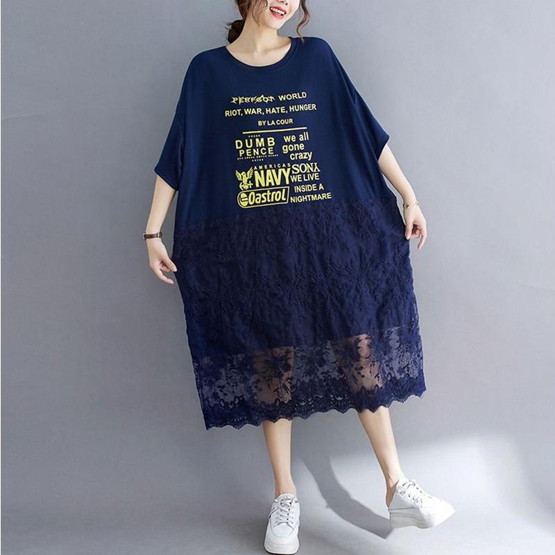 WTEMPO Plus Size Women Dress Summer Lace Round Neck Long Dress Casual Mid-calf Length