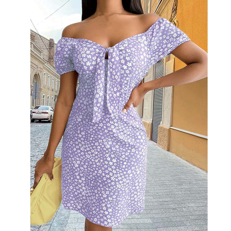 Summer Print Dress Women's Fashion V-neck Backless Lace-up Casual Dress