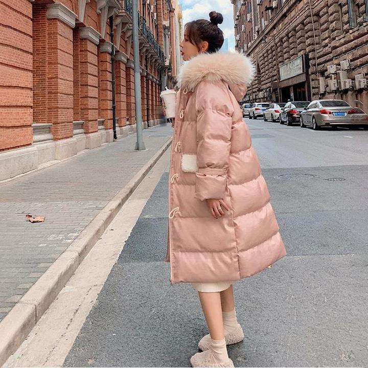 Winter Down Cotton Jacket Women's Cotton-padded Jacket Large Size Loose Thick Mid-length Section Over The Knee Large Fur Collar Hooded Cotton Jacket