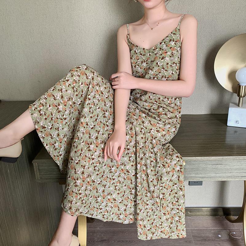 Floral Sling Skirt Cute Sweet Girl V-neck Mid-length Dress Sleeveless