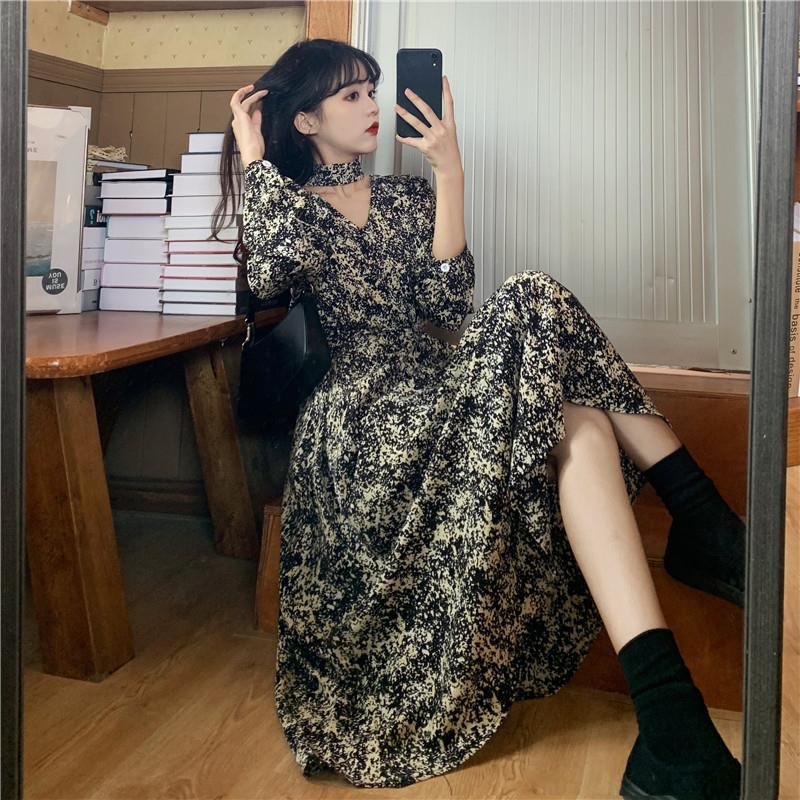 French Retro Floral Bottoming Long Dress Korean Version Loose and Thin Hepburn Printed Female Long Skirt