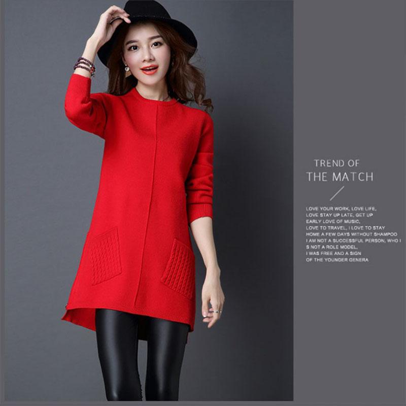 Women's Mid-length Pullover Sweater Loose Simple Irregular Hem Bottoming Sweater  Knitted Sweater Dress  with Pockets