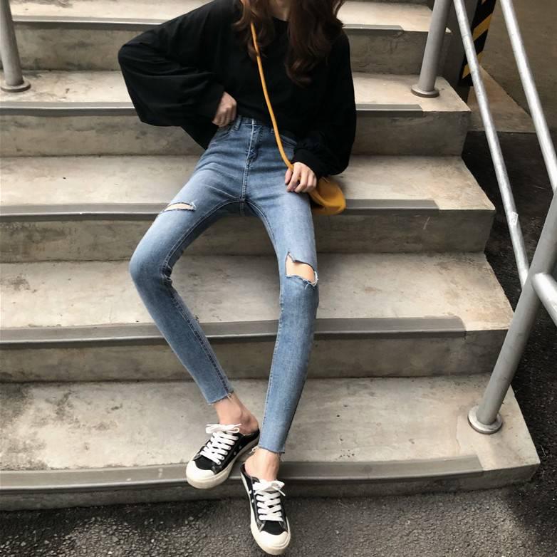 WTEMPO High Waist Ripped Jeans Clothes Stretch Denim Clothing Blue Street Clothes Fashion Retro Pants