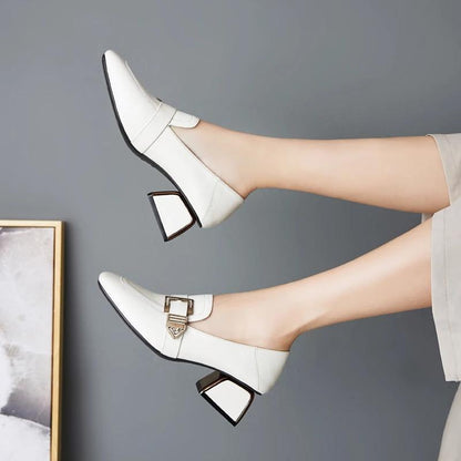 Women's Soft Surface Comfortable Square Toe Small Leather Shoes Real Cowhide Thick British Style Mid-heel Work Shoes Casual Shoes Single Shoes