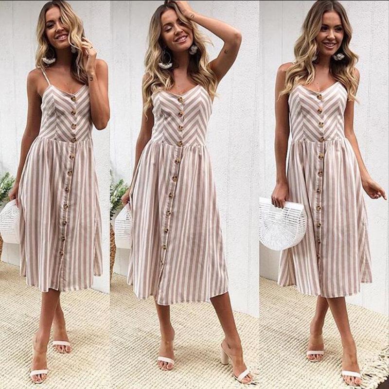 Pofulove Vintage Casual Sundress Female Beach Dress Midi Button Backless Polka Dot Striped Women Dress Summer  Boho Sexy Floral Dress