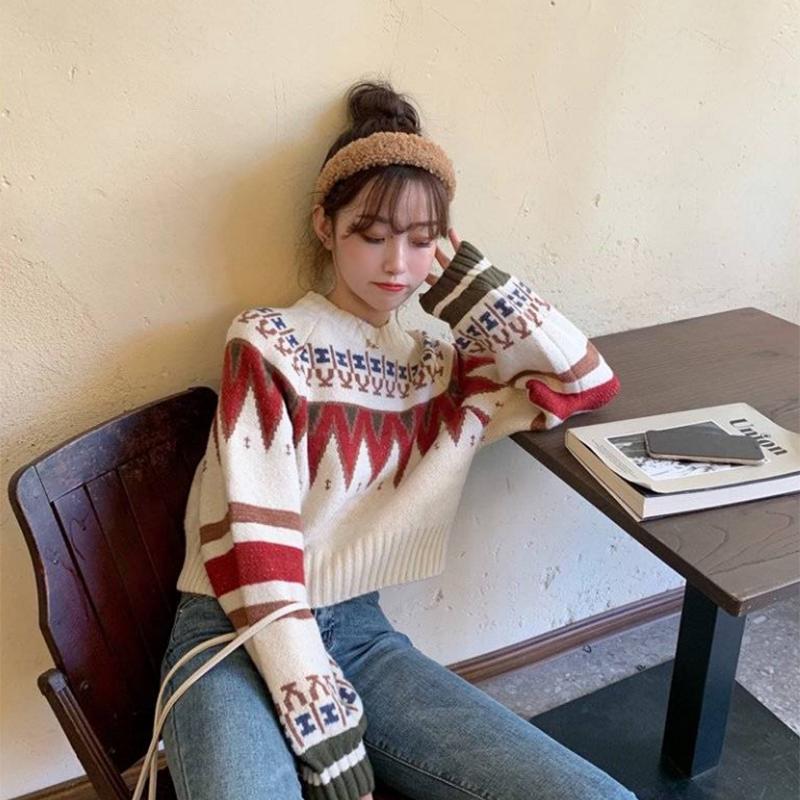 Pofulove women's hooded long-sleeved sweater Loose wind thickening contrast color short sweater