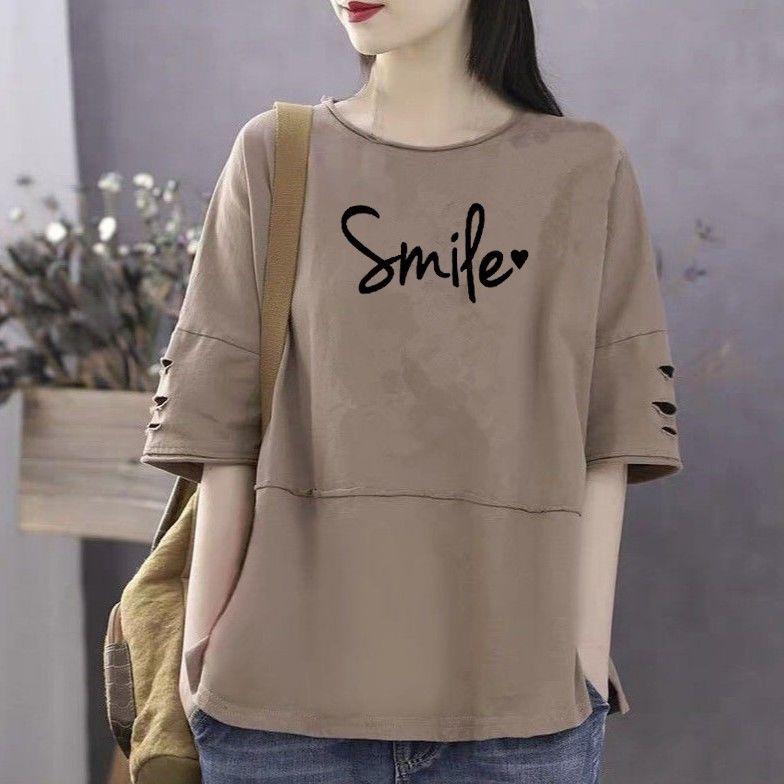 Summer Large Size Short Sleeve Pullovers Simple Letters Printed T-shirts Women Casual Cotton Shirts