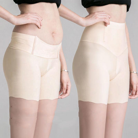 Ice silk high waist tummy pants ruffled edge to increase no trace without curling