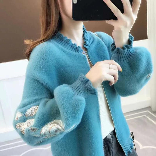 Imitation Mink Velvet Embroidered Ruffled Cardigan Women's Spring and Autumn Style Lazy Style Loose Sweater Zipper Long-sleeved Knitted Jacket