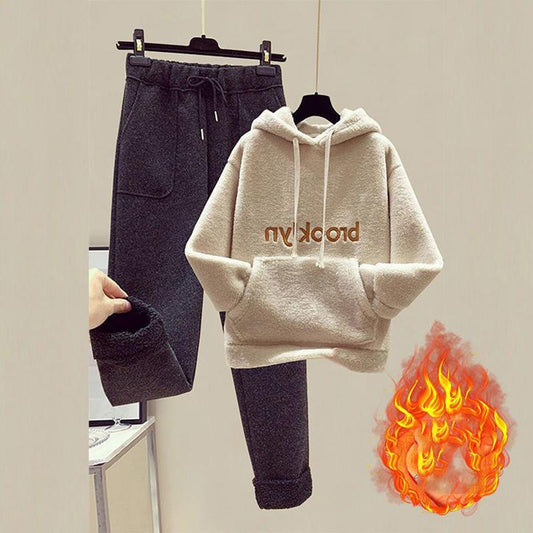 Women's Suit Plus Velvet Thickened Autumn and Winter Woolen Pants Loose Two-piece Lamb Wool Hoodie Two-piece Warm and Loose Two-piece Suit