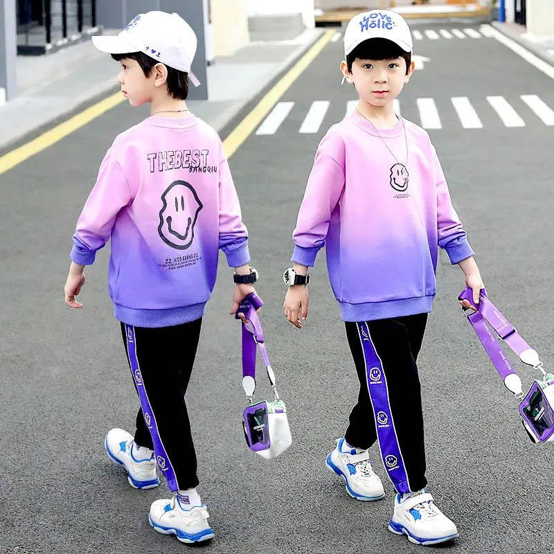 Boys Spring and Autumn Sports Set Long-sleeved Pullover Round Neck Smiley Pattern Printing Gradient Color Sweater Trousers Two-piece Set
