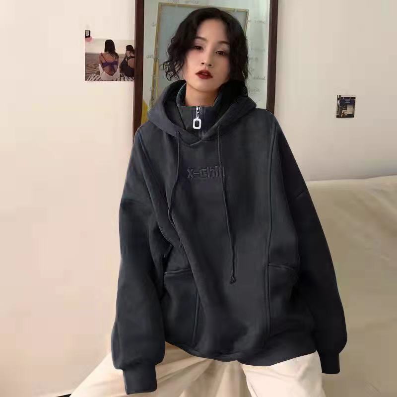 Women Fashion Autumn Winter Thickened Loose Hoodies High Collar Letter Embroidery Oversize Pullover