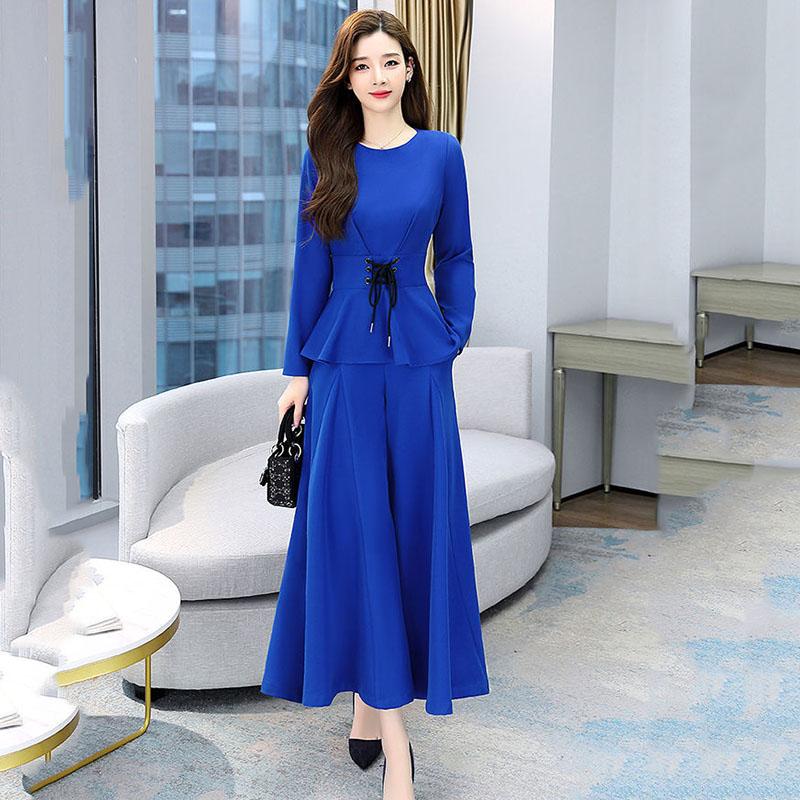 Suit Women's Spring and Autumn Dress Ladies Temperament Two-piece Set of Nine-point Wide-leg Pants + Round Neck Long-sleeved Top