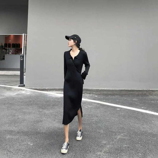 Autumn Mid-length Over-the-knee Bottoming Skirt Sweater Women's Pullover Polo Collar Loose and Thin Knitted Split Dress
