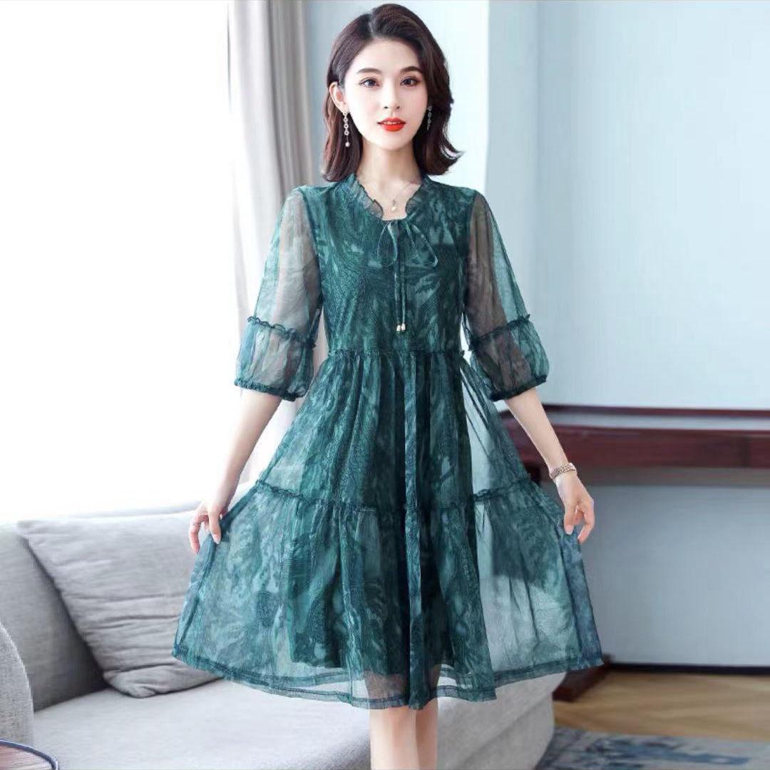 Sweet Little Floral Round Neck Tie Long Sleeve Chiffon Ladies Dress Summer Fashion Temperament High Quality Color Dress