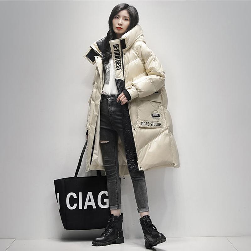 Women's Winter Korean Style Loose Quilted Coat Warm Stand-up Collar Down Jacket Women's Bright Face Long Down Jacket