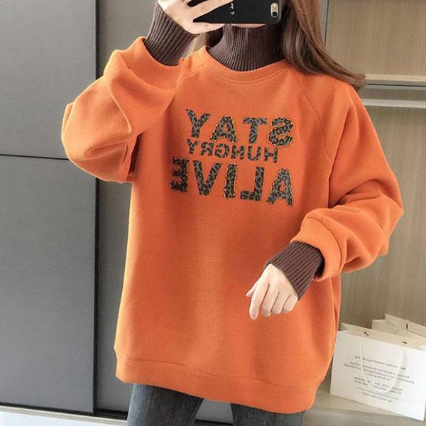 Cotton Thick Sweater Women Autumn and Winter Fake Two-piece Splicing Tops Student High Collar Loose Jacket