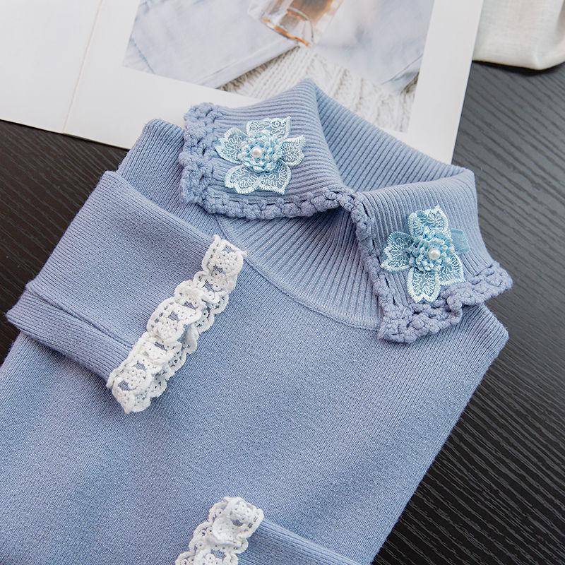 Women's Turtleneck Sweater Lace Hook Knit Sweater Short Beaded Pullover Jumper Sweet Slim-fit Knitwear Bottoming or Outwear