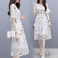 Pofulove S-2XL Women Printed Chiffon Dress Slim Short-sleeved O-neck A-line Vacation Beach Skirt