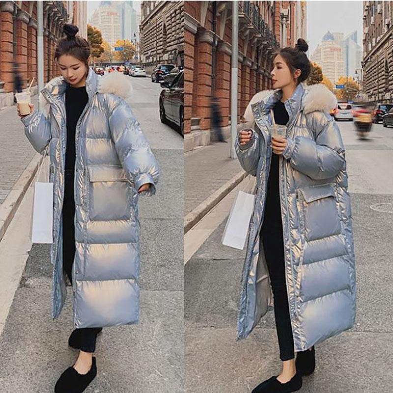 Shiny Down Cotton Jacket Fashion Color Hooded Jacket Winter Thicken Warm Long Over-the-knee Cotton Jacket Suitable for Women