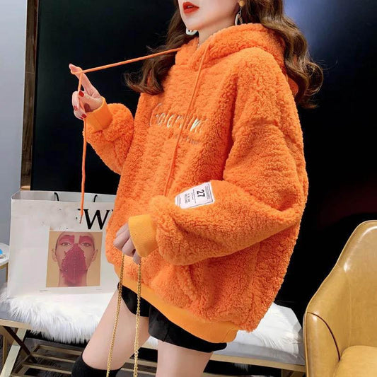 Autumn and Winter Plus Velvet Thick Loose Hooded Pullover Faux Lamb Wool Mid-length Sweater Women's Top Trend