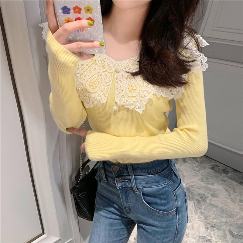 Pofulove Girly Lace V Neck Bottoming Knitwear Skin-friendly High Elastic Fit Women Pullover Sweater