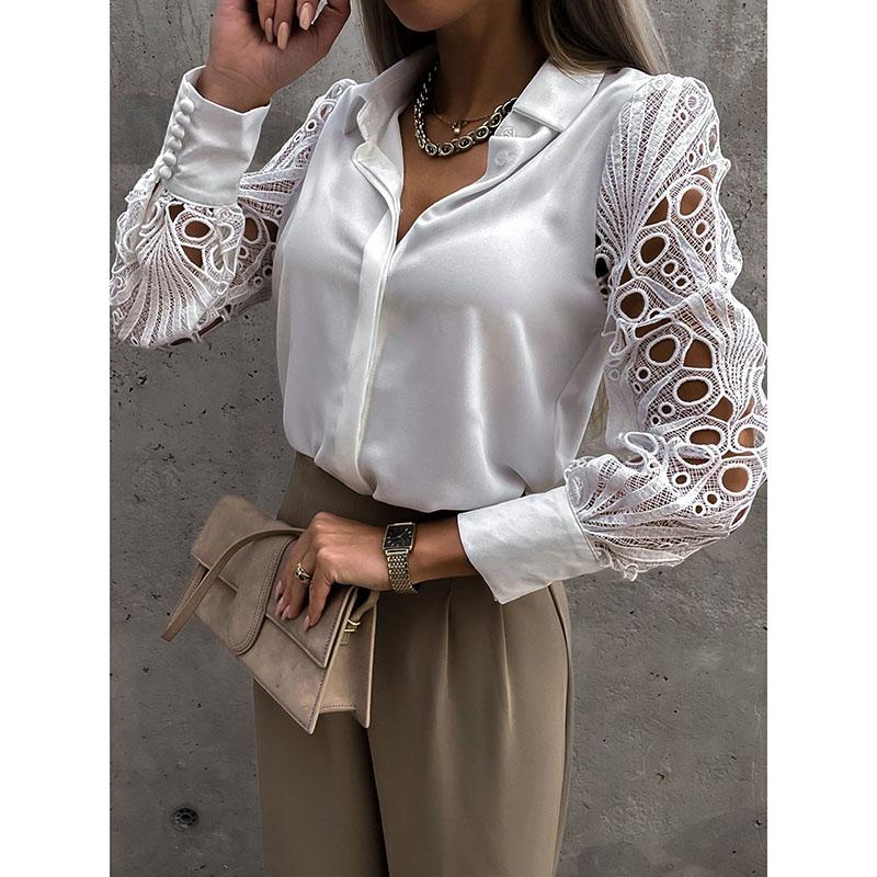 Elegant Long Sleeve Shirts Women Lapel Button Office Lady Top White Women's Sexy Embroidery Hollow Out Lace Blouse Streetwear Temperament Summer Top