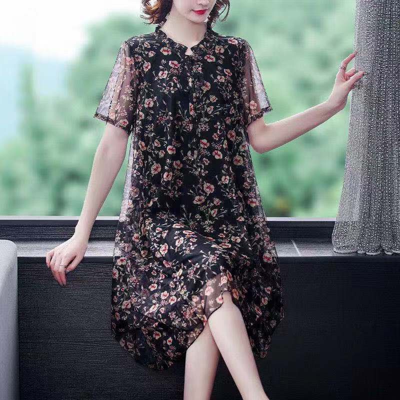 Chiffon Floral  Dress L-XXXXXL Women's Summer Veil Short Sleeve Round Neck Lightweight and Breathable