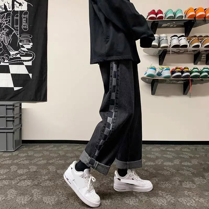 Plaid Stitching Jeans Men's Korean Version of The Trend Loose Trousers Autumn Ins Hong Kong Style Casual Wide-leg Daddy Pants