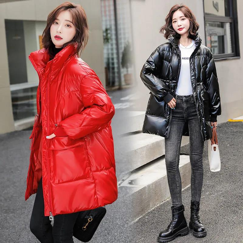 Down Cotton Jacket Winter Loose Korean Color Shiny Face-free Collar Mid-length Cotton Jacket Women