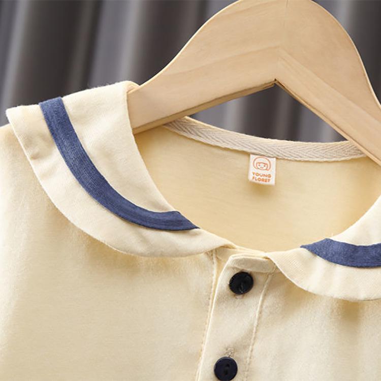 Children's Suit Summer Thin Boys and Girls Casual Navy Shirt Pocket Button Stripe T Shirt Two Piece Set