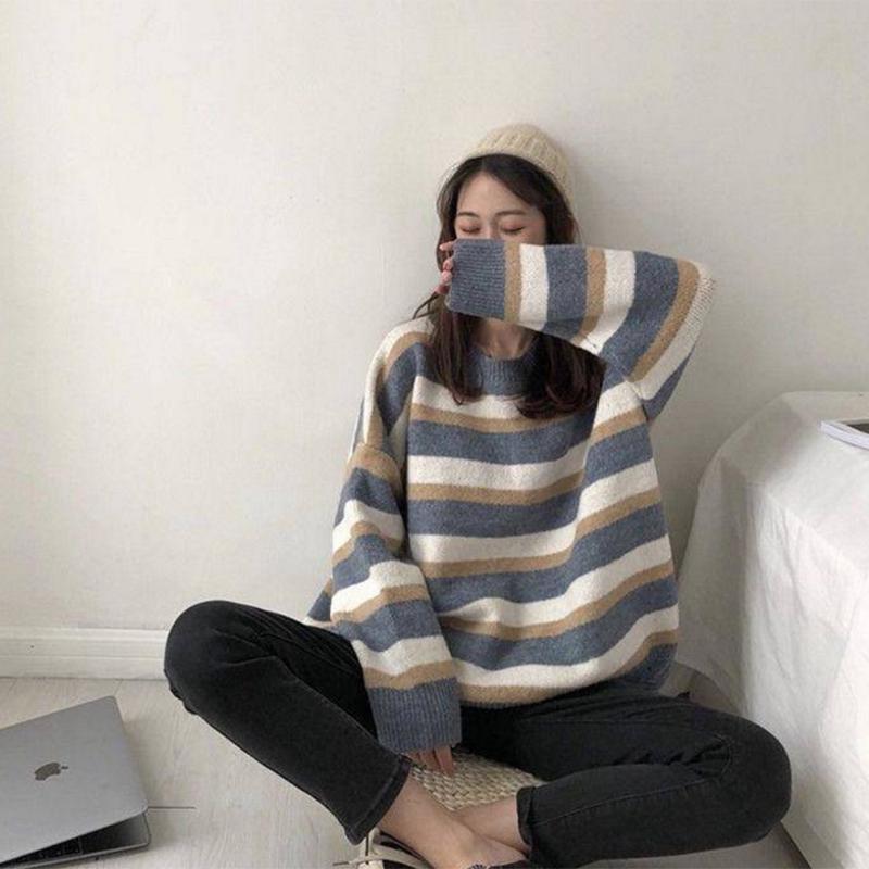 Pofulove Women's Sweatshirt Wild Bottoming Sweater Winter New Loose Contrast Striped Sweater