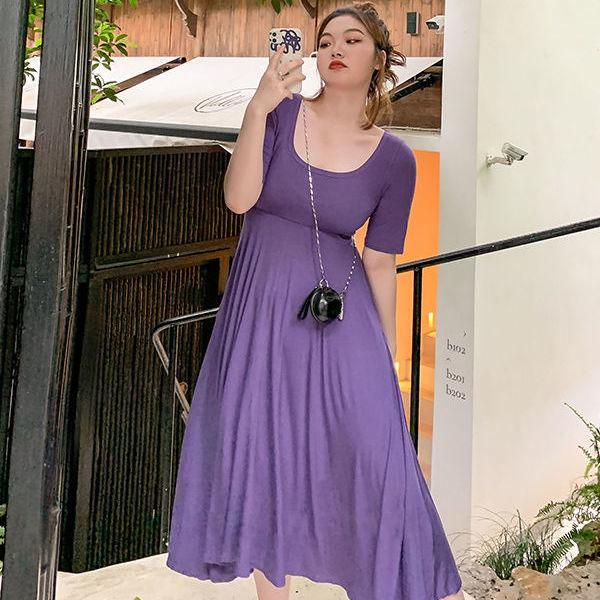 Women's Summer Simple Elegant Short Sleeve Medium Length Waist Show Thin Loose Solid Dress