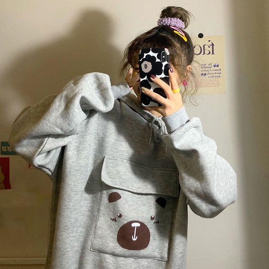 Autumn and Winter Thickened Student Jacket Women's Loose Hooded Big Pocket Blouse Mid-length Sweater