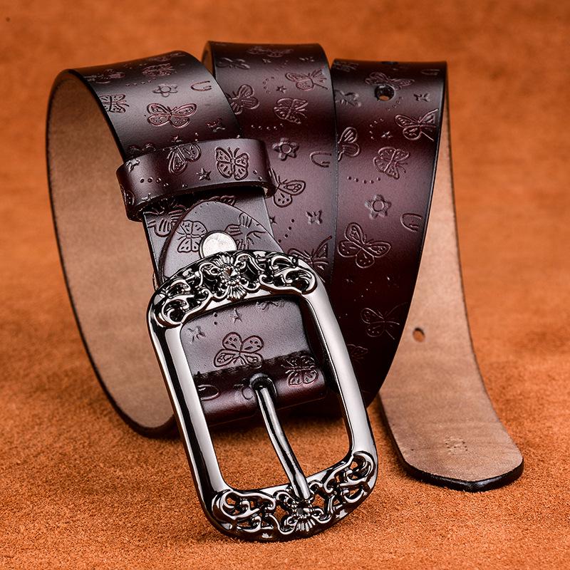 Belt New Retro Cowhide Leather Belt Women Fashion Embossing Pin Buckle Casual Jeans Wide