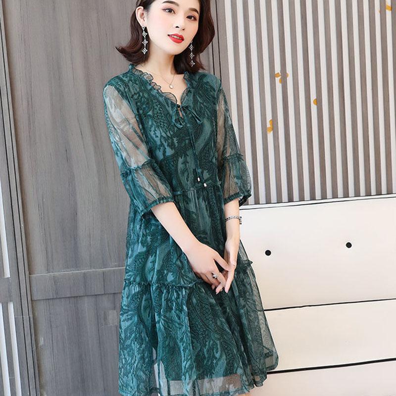 Dress Female Summer Five-point Sleeves Loose Mesh A-line Skirt Light Mature Style Foreign Style Large Size Skirt Summer
