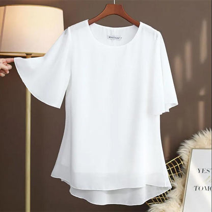 Chiffon Shirt Short -sleeved Female Summer Round Neck Loose Increase Size Top T -shirt Bottom Shirt