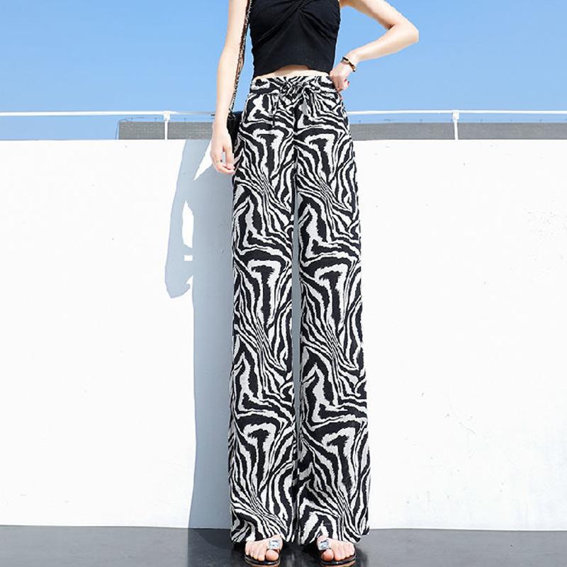 Color Striped Wide-leg Pants Ladies Summer High Waist Loose Thin Ice Silk Straight and Thin Casual Mopping Trousers