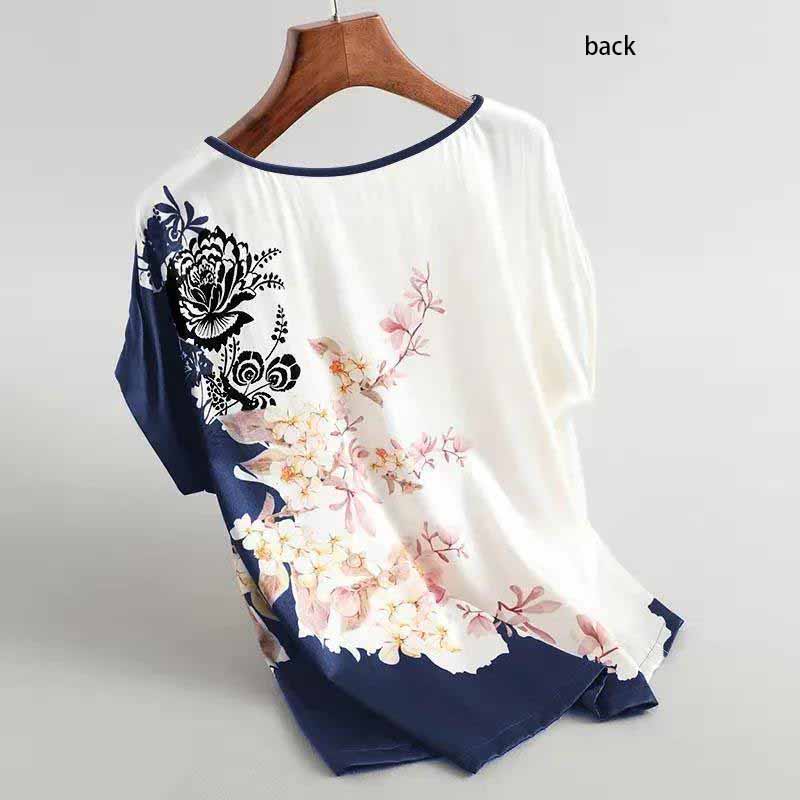 Ice Silk Fabric Printing Plus Size Women's Summer Short-sleeved Top Women's Summer Loose Cover Belly Was Thin