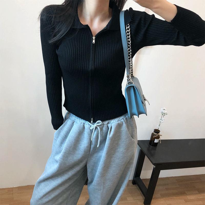 Polo Collar Knitted Cardigan Women's Thin Slim Slimming Short Double-headed Zipper Long-sleeved Top