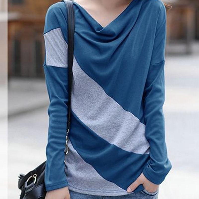 Splicing Cotton T-Shirt Autumn Women O-Neck Loose Simple Purple Tshirt Long Sleeve Ladies Cozy Top Pullover