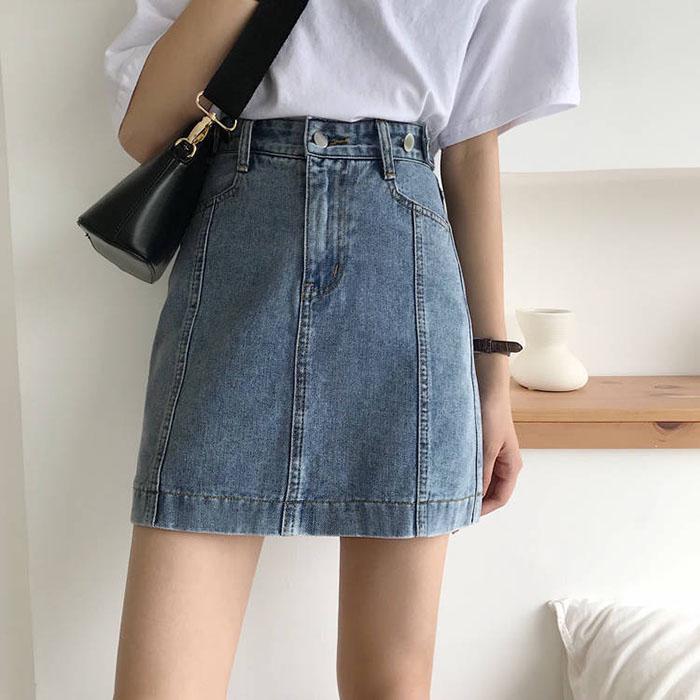 Pofulove Women Retro Anti-light Denim Skirt High Waist Slim Package Hip Skirt Mini A-line Skirts